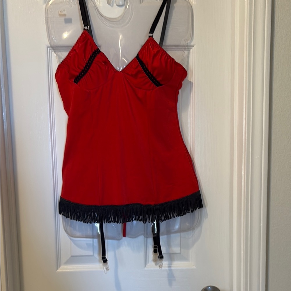 Red Embellished Asymmetrical Camisole & Panties